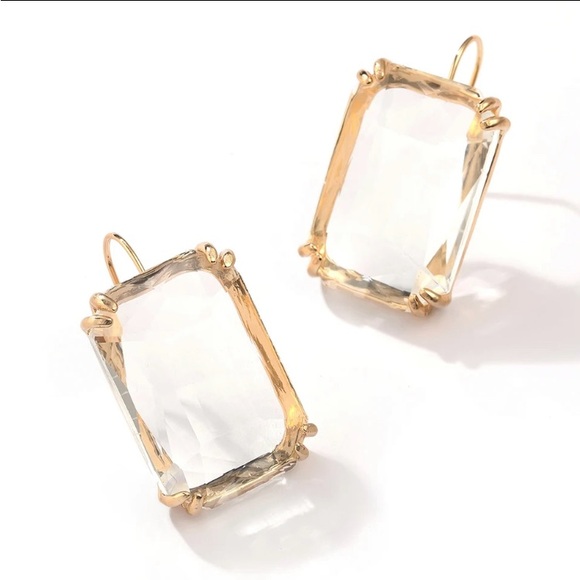 14K GOLD MEGA EMERALD CUT SIMULATED CLEAR CRYSTAL TOPAZ CUSHION LUCITE EARRINGS - Picture 3 of 5